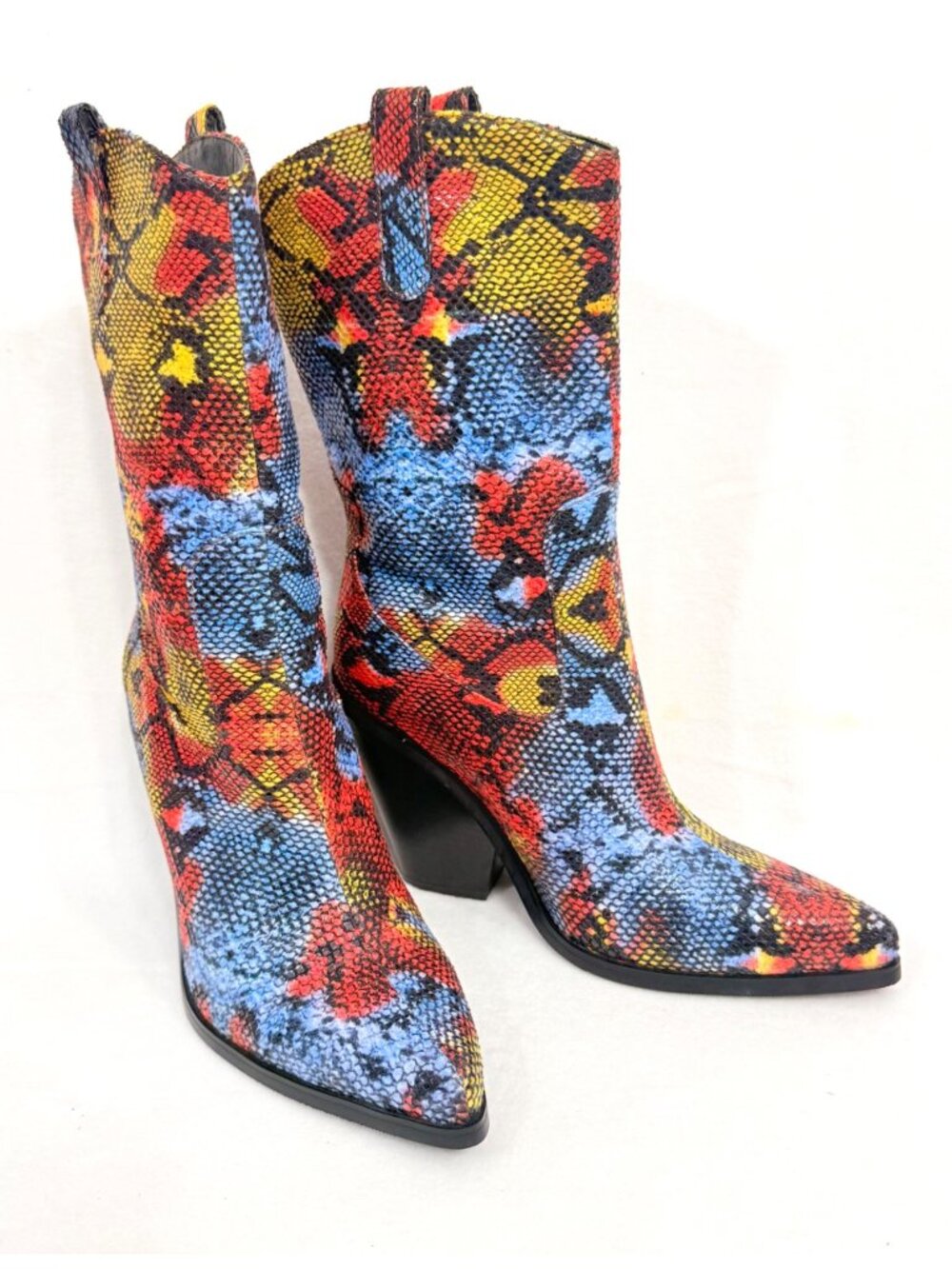Azalea Wang Multicolor Snake Print Western Style Boots Chunky Heel Size 7